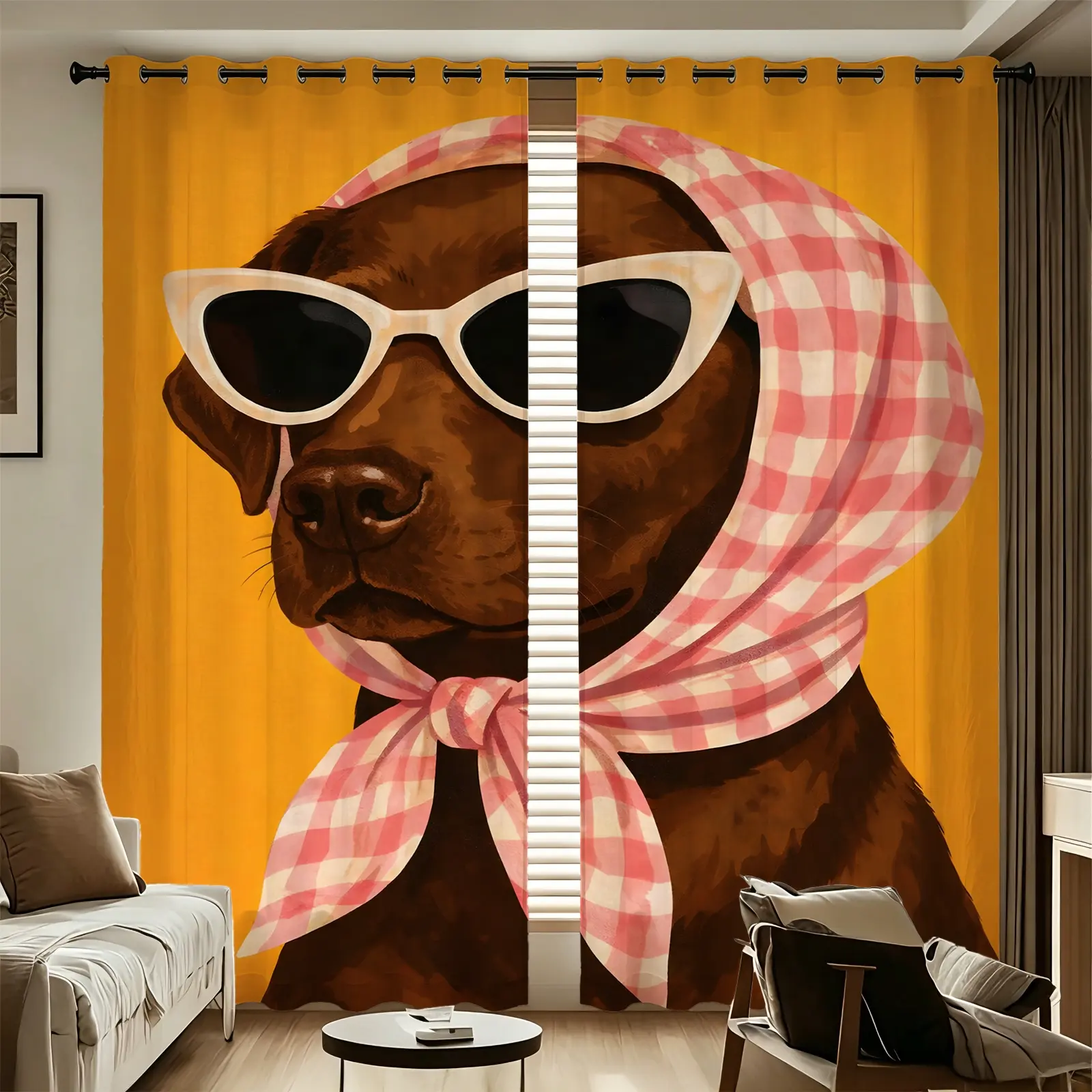 2pcs Curtain set Mustard Yellow Vintage Chocolate Lab Dog Printed Window Curtains, 85% Blackout, Insulated Sun Protection, Rod Pocket Design, Easy to Clean, Suitable for Living Room & Bedroom, Create Cozy Warm Home Decor Atmosphere