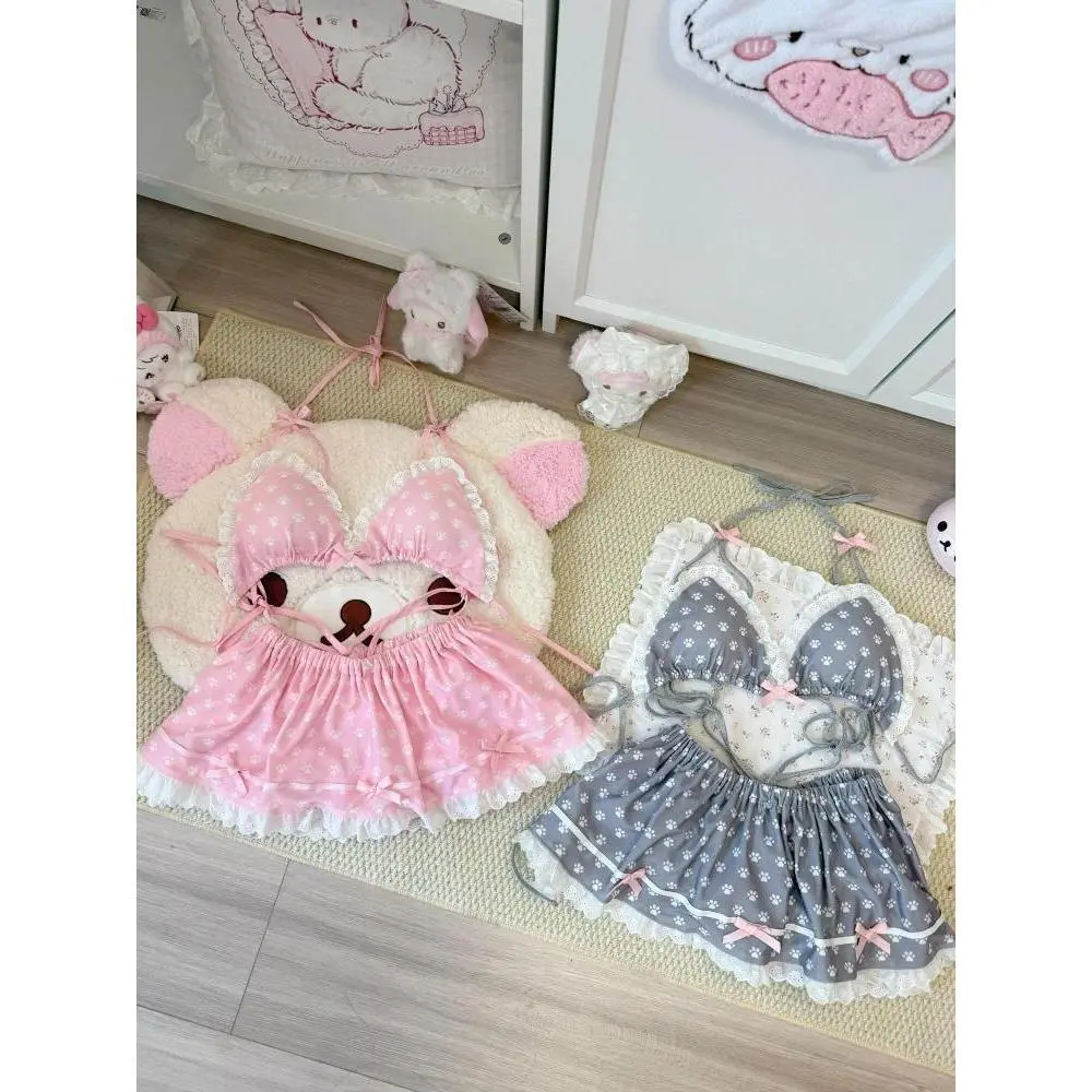 Japanese Kawaii Sexy Cute Halter Neck 2 Piece Bikini Set Women Girls Lace Ruffle Bow Strawberry Print Swimwear Beach Photo Shoot