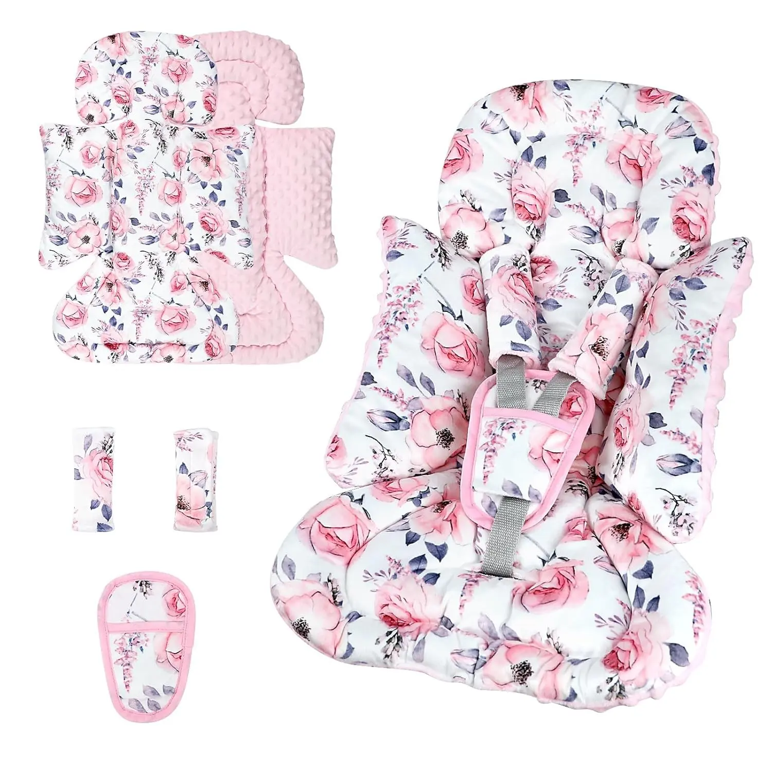 Infant Car Seat Insert with 3 Strap Covers Set, Soft 3 in 1 Baby Car Seat Cushion with Head Support for Girls, Pink Floral, Fits Strollers, Bouncers, SwingGift