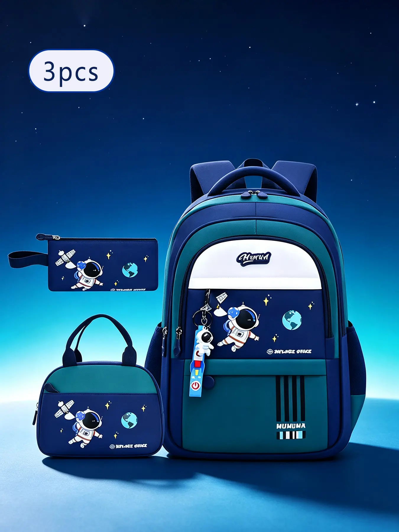 3Pcs Deep Blue Astronaut Print Backpack Set Astronaut Shaped Zipper Charm Matching Handheld Lunch Bag Slim Stationery Pouch Mesh Padded Shoulder Straps Multi-layer Storage Compartments for Campus Study Weekend Trips Daily Casual Outings