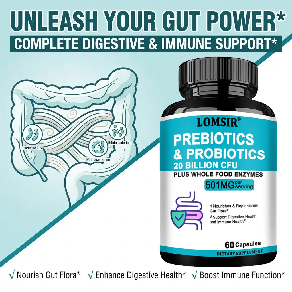 Prebiotics and Probiotics for Women & Men, Immune, Digestive & Gut Health with L. Reuteri, Inulin Fiber, Digestive Enzymes, 60 Capsules