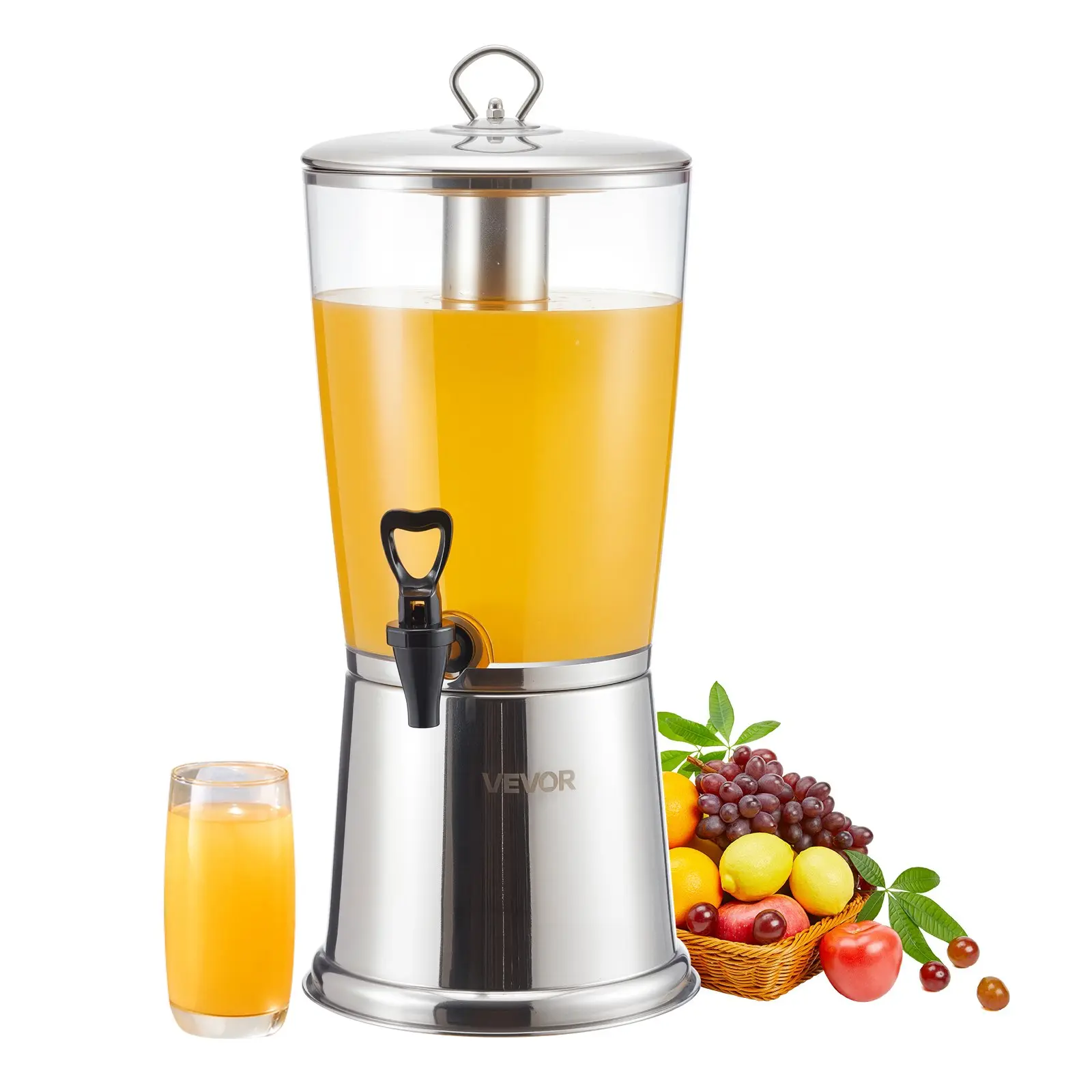 【Summerfinds】VEVOR Food Grade BPA-Free Transparent 2.1 Gal Beverage Dispenser, Stainless Steel-Plastic Unit with Spigot & Ice Chamber, Dishwasher-Safe for Continuous Beverage Supply, Ideal for Parties, Restaurants