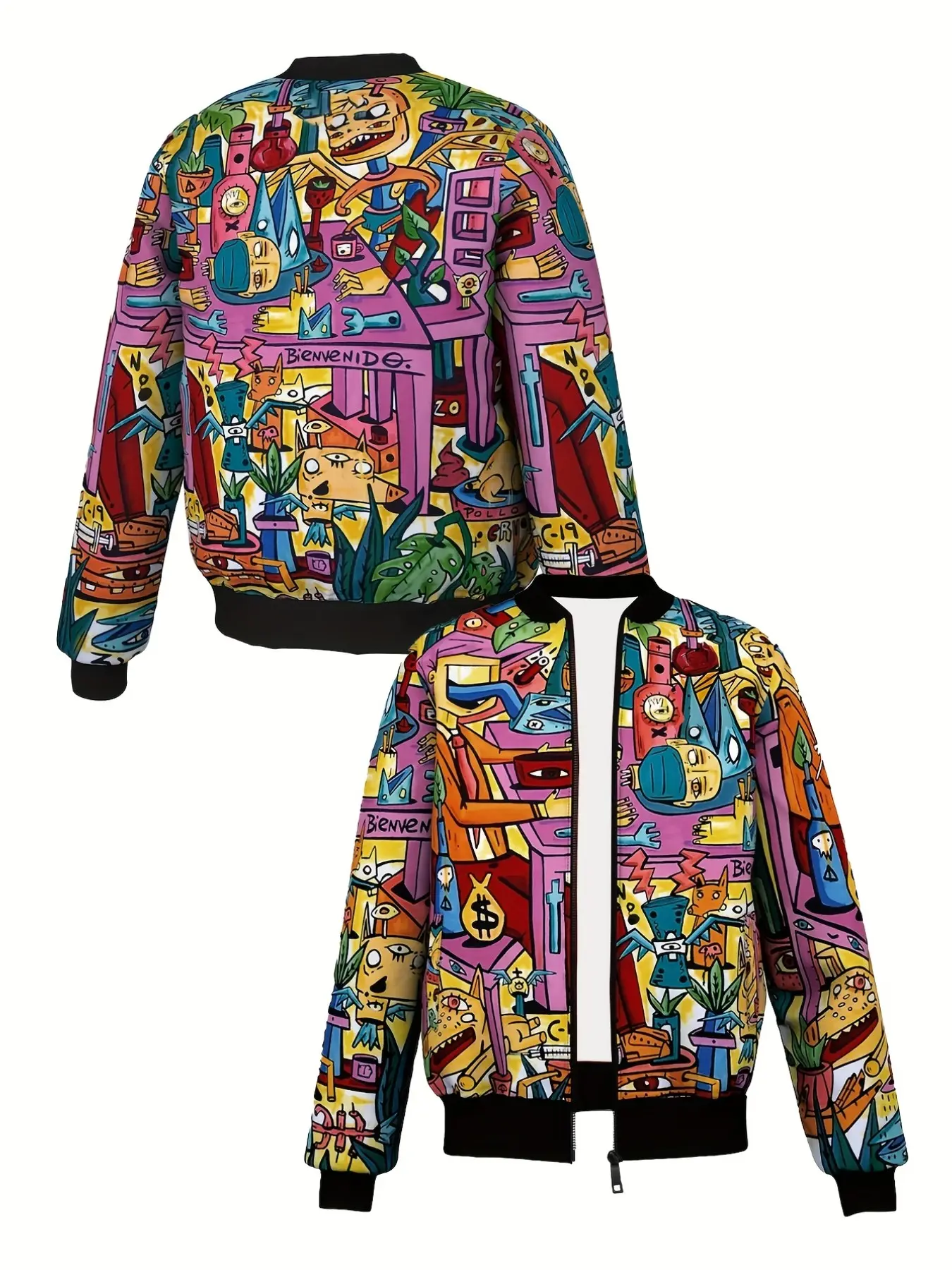 Men's Graffiti Style Baseball Jacket, Full Color Abstract Monster Print, Zipper Loose Fit, Hip Hop Fashion Casual Outerwear