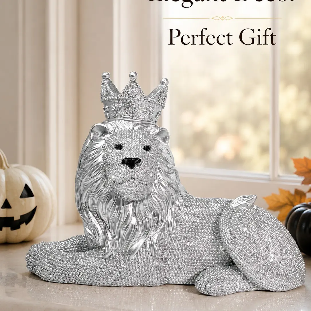 Silver Color Rhinestone Crown Lion Sculpture, Shiny Crystal Lying Lion King Statue, Luxury Full Diamond Lion Art Craft, Home Office Desk Decor Gift, Sculpted Statue