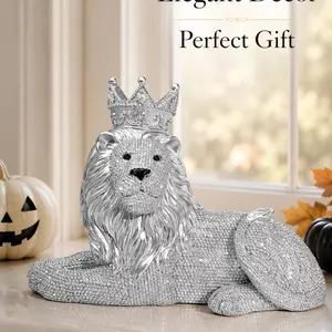 Silver Color Rhinestone Crown Lion Sculpture, Shiny Crystal Lying Lion King Statue, Luxury Full Diamond Lion Art Craft, Home Office Desk Decor Gift, Sculpted Statue