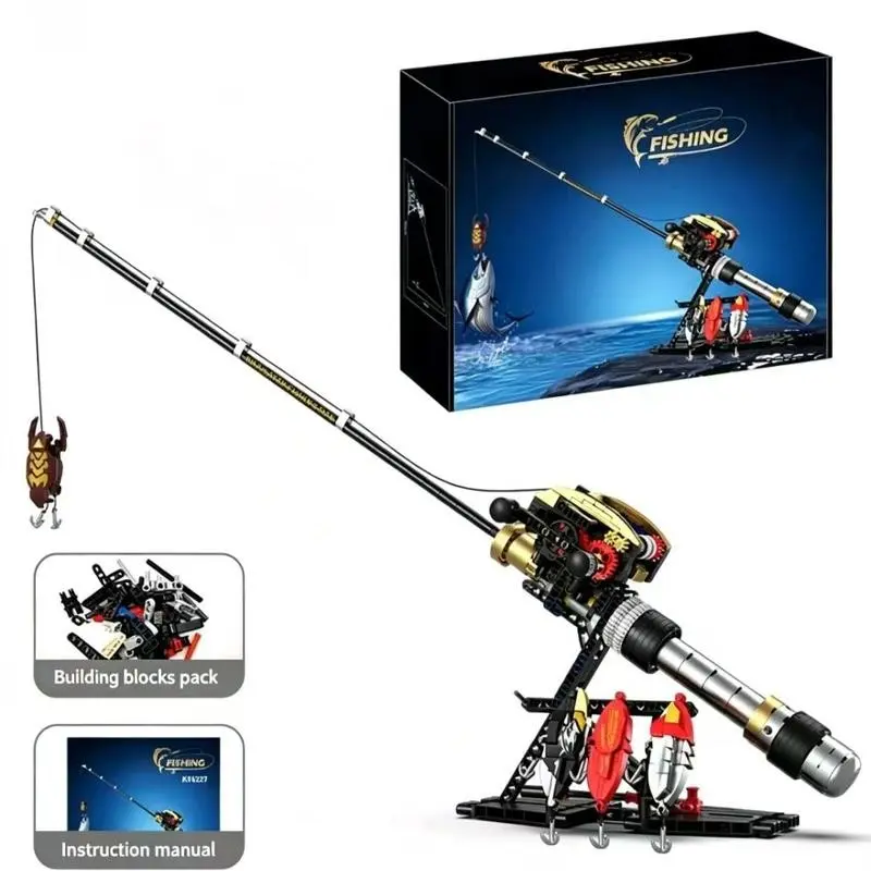 425-Piece Building Block Fishing Rod Model Kit, Equipped With Rotatable Reel & 4 Fishing Baits, Realistic Gear Mechanism & Metal Handle, STEM Educational Building Toy For Kids And Adults, Perfect Gift Set For Collectors, Collectible Building Blocks