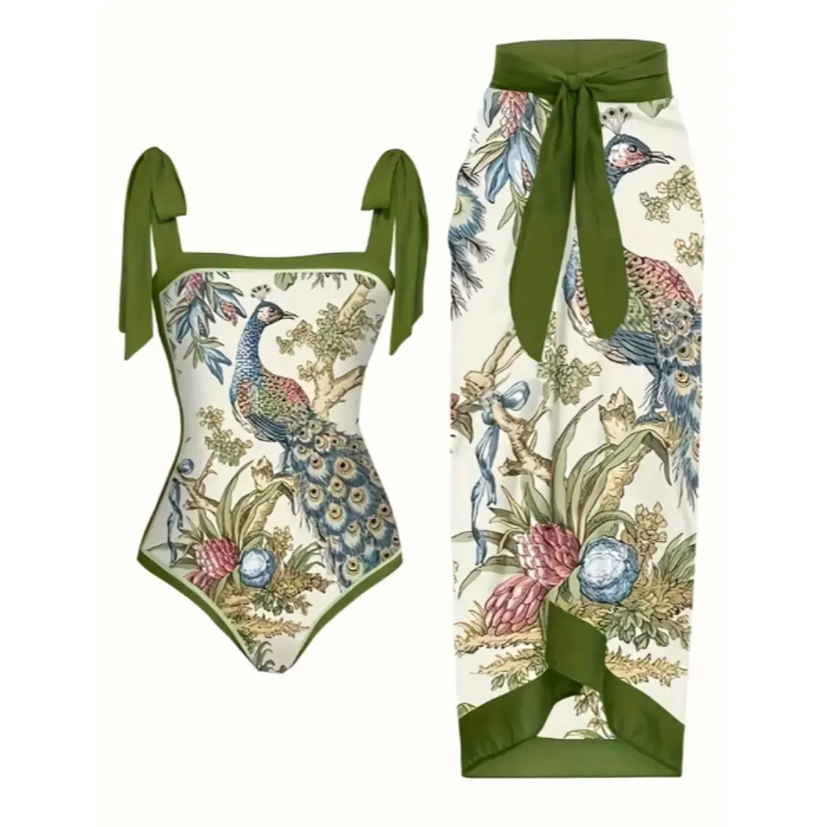 Women's 2026 New 2-Piece Vintage Peacock Print Swim Set - Tie-Shoulder Square Neck Tummy-Control Swimsuit, Wrap-Tie Midi Cover-Up Skirt for Resort, Pool Vacation