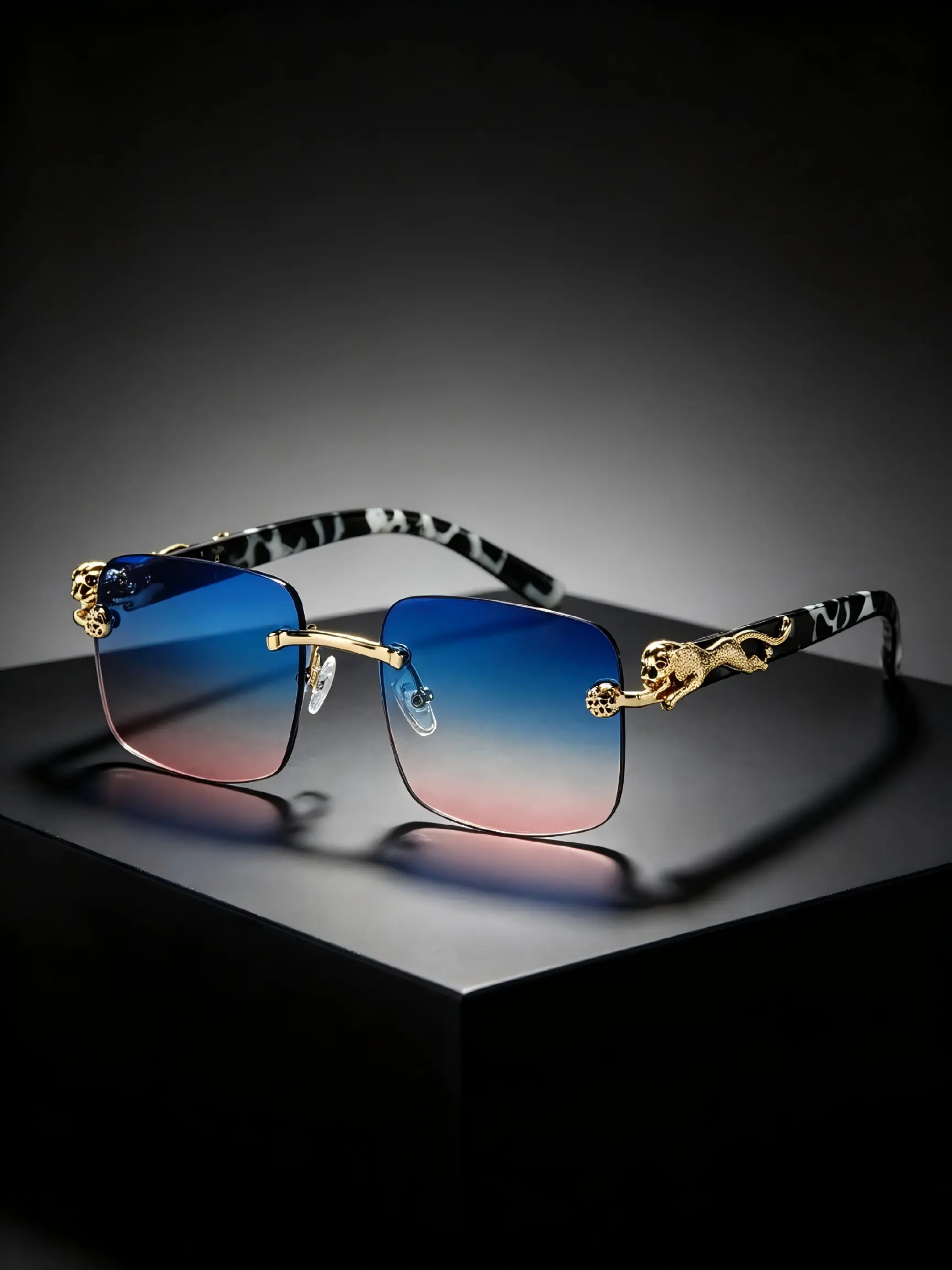 New Fashion Square Frameless Men's Glasses, Unique Leopard Temple Design, Stylish Unisex Eyewear, Trendy Accessory for Daily Wear, Trendy Fashion Shades