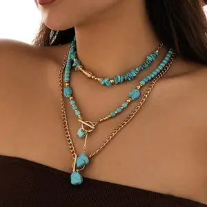 3 Pieces Bohemian Turquoise Beaded Stacked Necklaces Set For Women, Multipurpose Jewelry Accessories For Holiday, Birthday, Date, Party, Travel, Shopping And Daily Commute