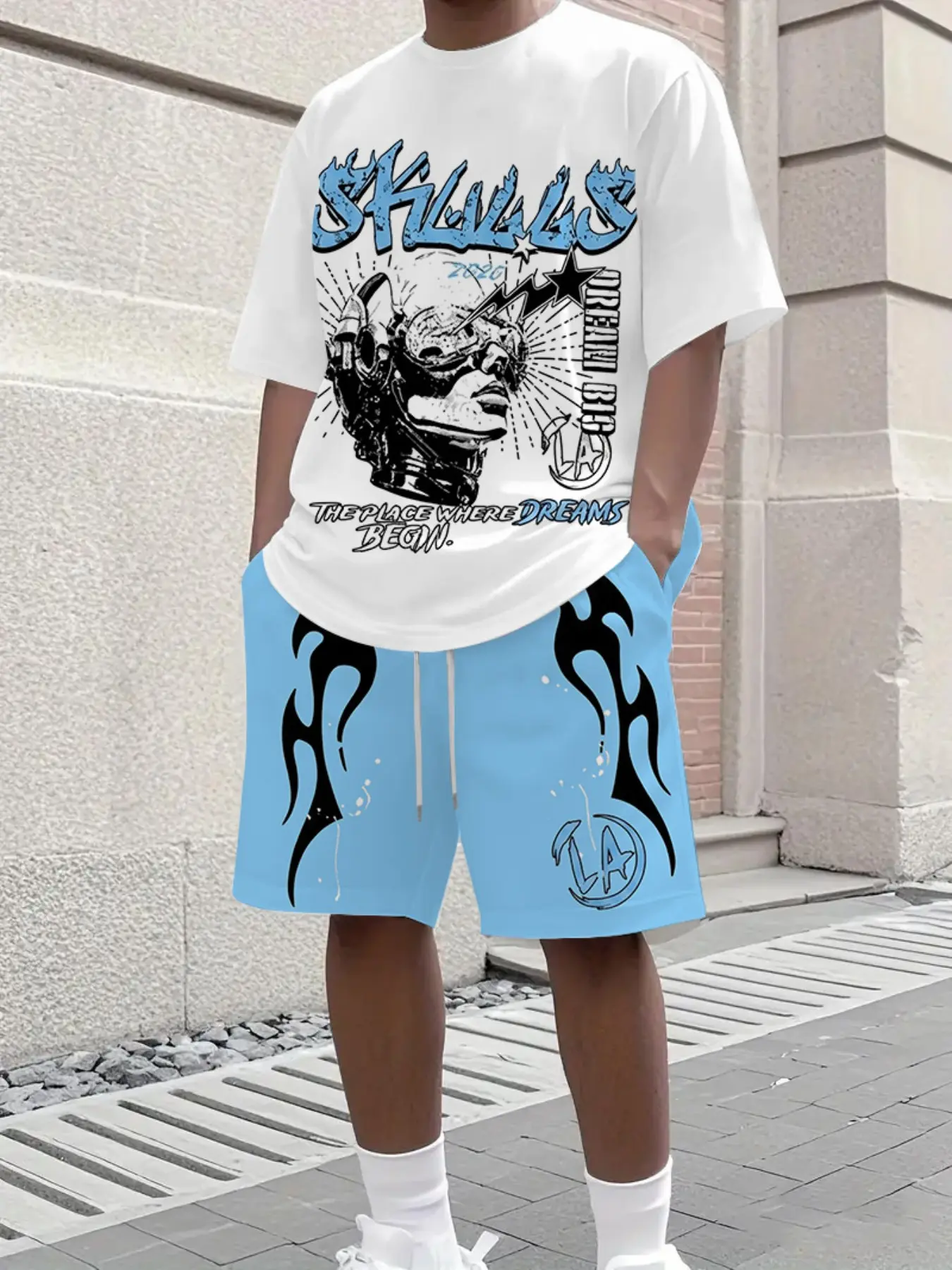Men's personalized stylish two-piece matching set, robot like printed short sleeved shorts, outdoor casual suit