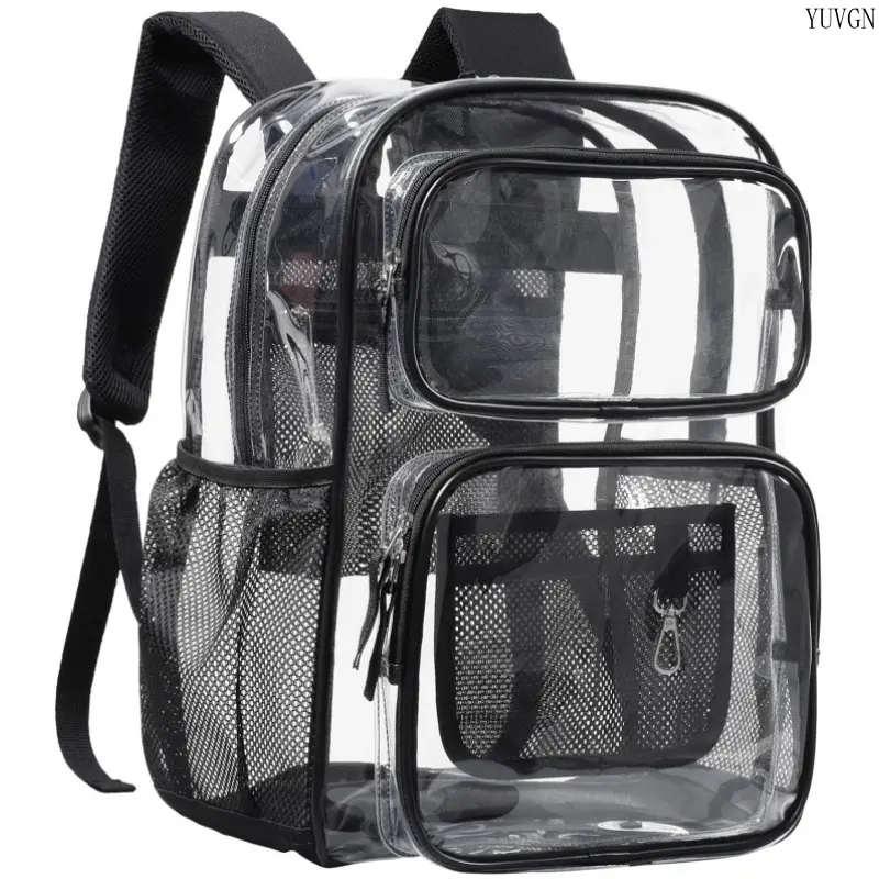 Stadium-Approved Clear PVC Unisex Backpack, Multi-Function Multi-Compartment See-Through Heavy-Duty Daypack with Mesh Pocket, Zip Closure & Adjustable Padded Shoulder Strap for Concerts, Sports Events, School