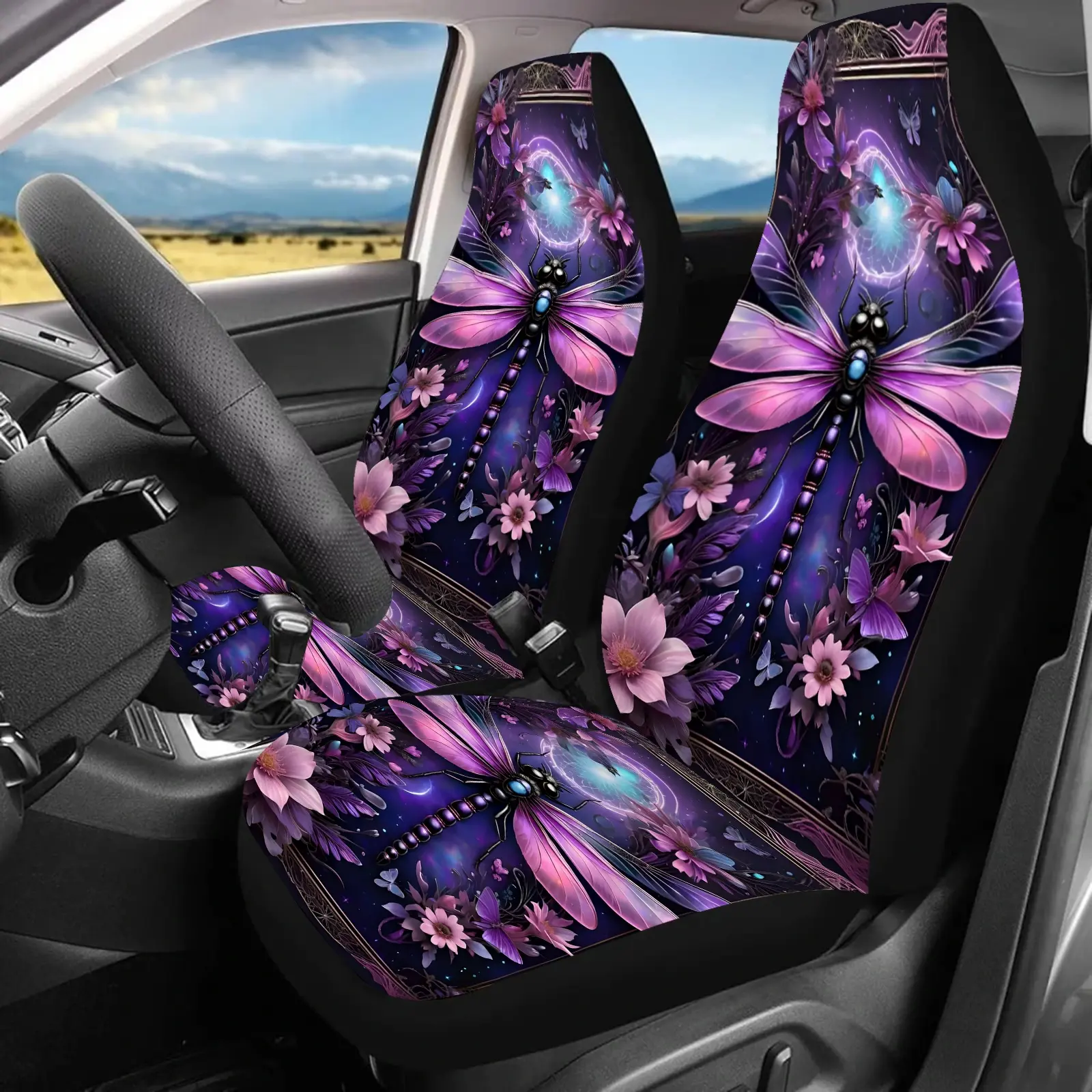2pcs Vibrant Purple Flower & Dragonfly Seat Cover Set Car Seat Covers - Universal Fit for Car, SUV, Sedan, Truck | Non-Woven Fabric, Sponge Filler | Ideal Gift for Family & Friends, Car Seat Covers