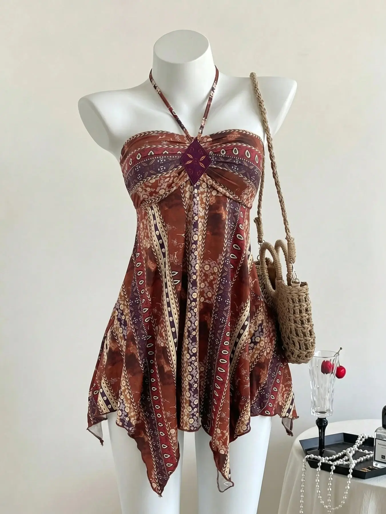 1 Piece Retro Ethnic Boho Style Halter Cami Top, Diamond Decor Chest Print, Elastic Wrap Irregular Hem Blouse for Women