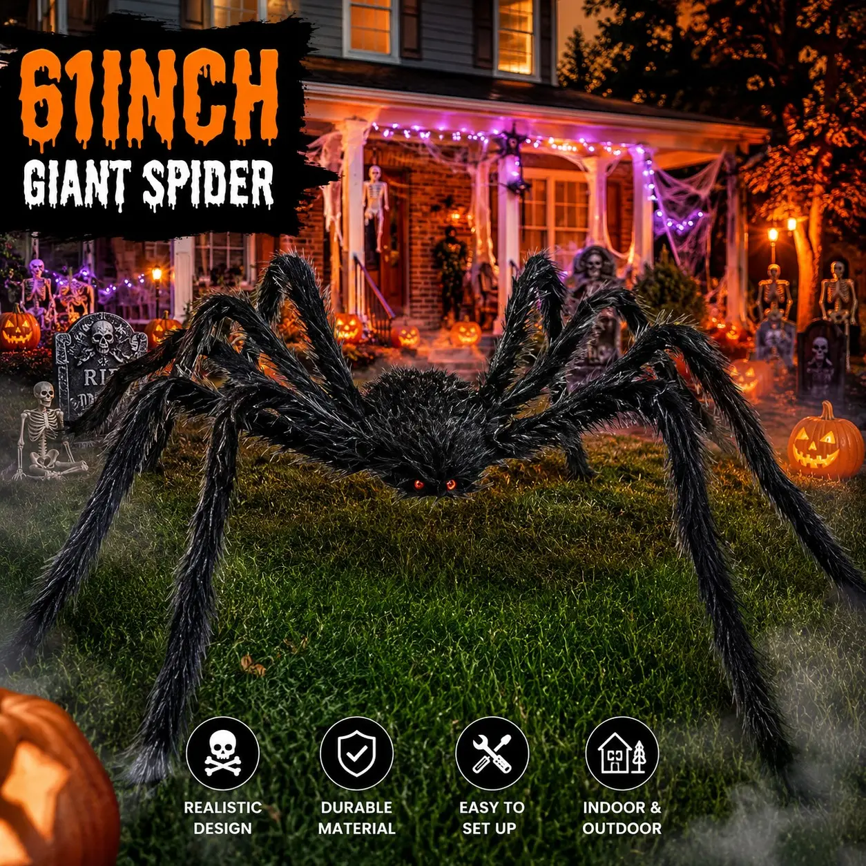 Giant Halloween Spider Decoration, Realistic Hanging Spider for Yard, Lawn, Porch, Garden, Haunted House, Indoor & Outdoor Party Decor