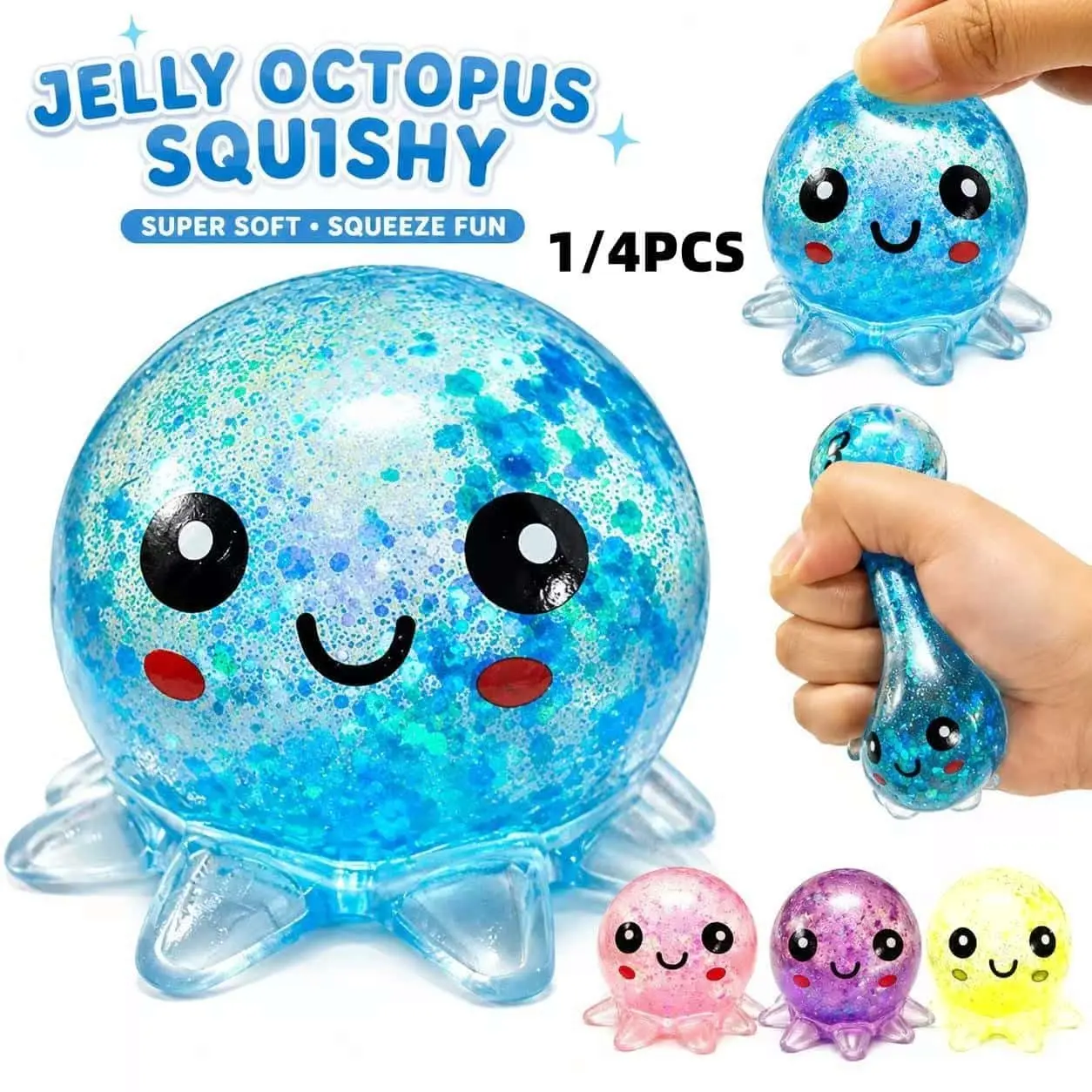 Clear Glitter Octopus Squeeze Toy, Glitter Squishy, Squishy Fun, TPR Maltose Filled Stress Ball, 4 Colors Available Anxiety Relief Fidget Toy for Adults Kids