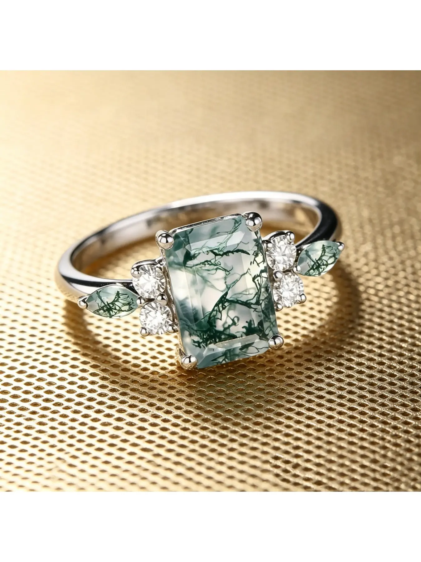 Emerald Cut Moss Agate Three Stone Engagement Ring, Bridal Ring, Gift for Women, Slim Silver Band for Everyday Wear, Forest Style Jewelry for Valentine Christmas Mother’s Day Proposal Banquet Daily Work