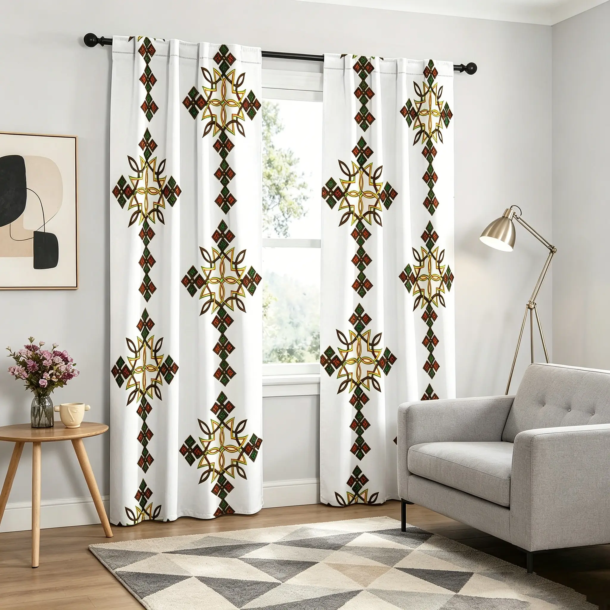 2 pieces of 2D flat Ethiopian cross printed curtains, Curtain panels - home decor with cultural patterns, artistic curtains, durable window treatments, ideal for interior design enthusiasts, perfect for festive occasions