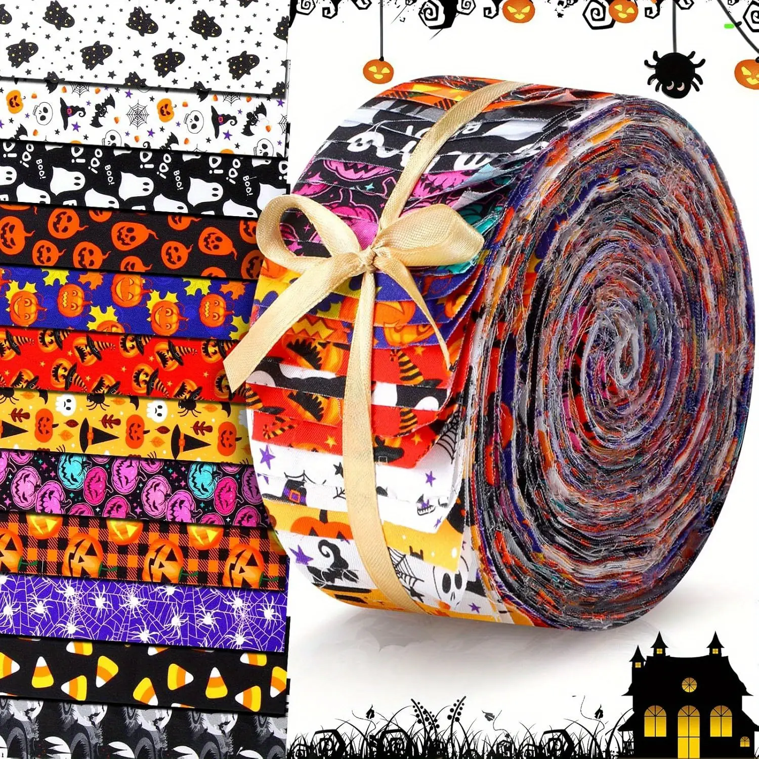 40Pcs Halloween Theme Fabric Strips Pumpkin Bat Ghost Patterns Precut Quilting Strips 2.55x19.7 Inch Cotton Fabric Rolls for Spooky DIY Crafts
