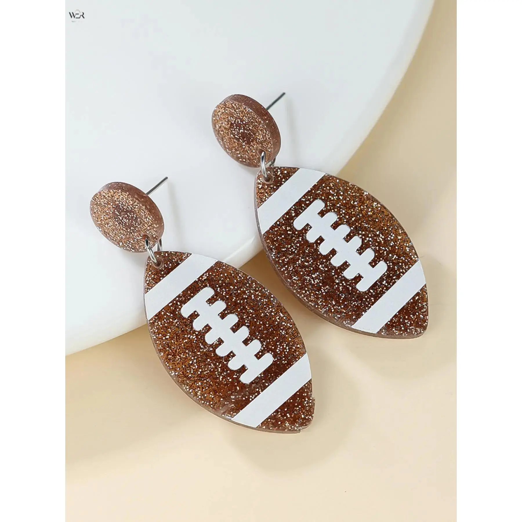Women's Shiny Glitter Brown Football Print Drop Stud Earrings - Acrylic Lightweight Fashion Accessories for Women, Sports Game Day Fan Party Gift, Drop Studs