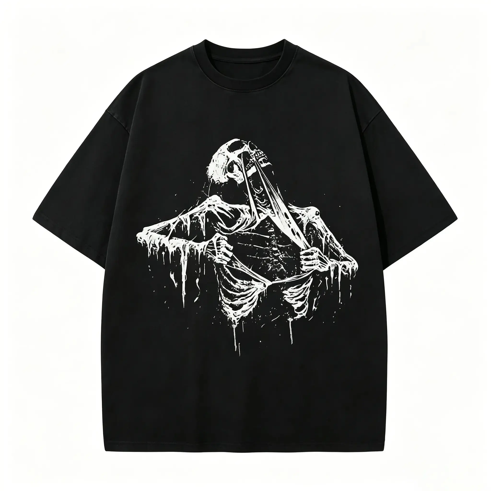 Men's Halloween Dark Gothic Round Neck T-Shirt - Streetwear Oversized Short Sleeve Top, Black-White Metal Look Drip Art Skeleton Rip Body Graphic Tee