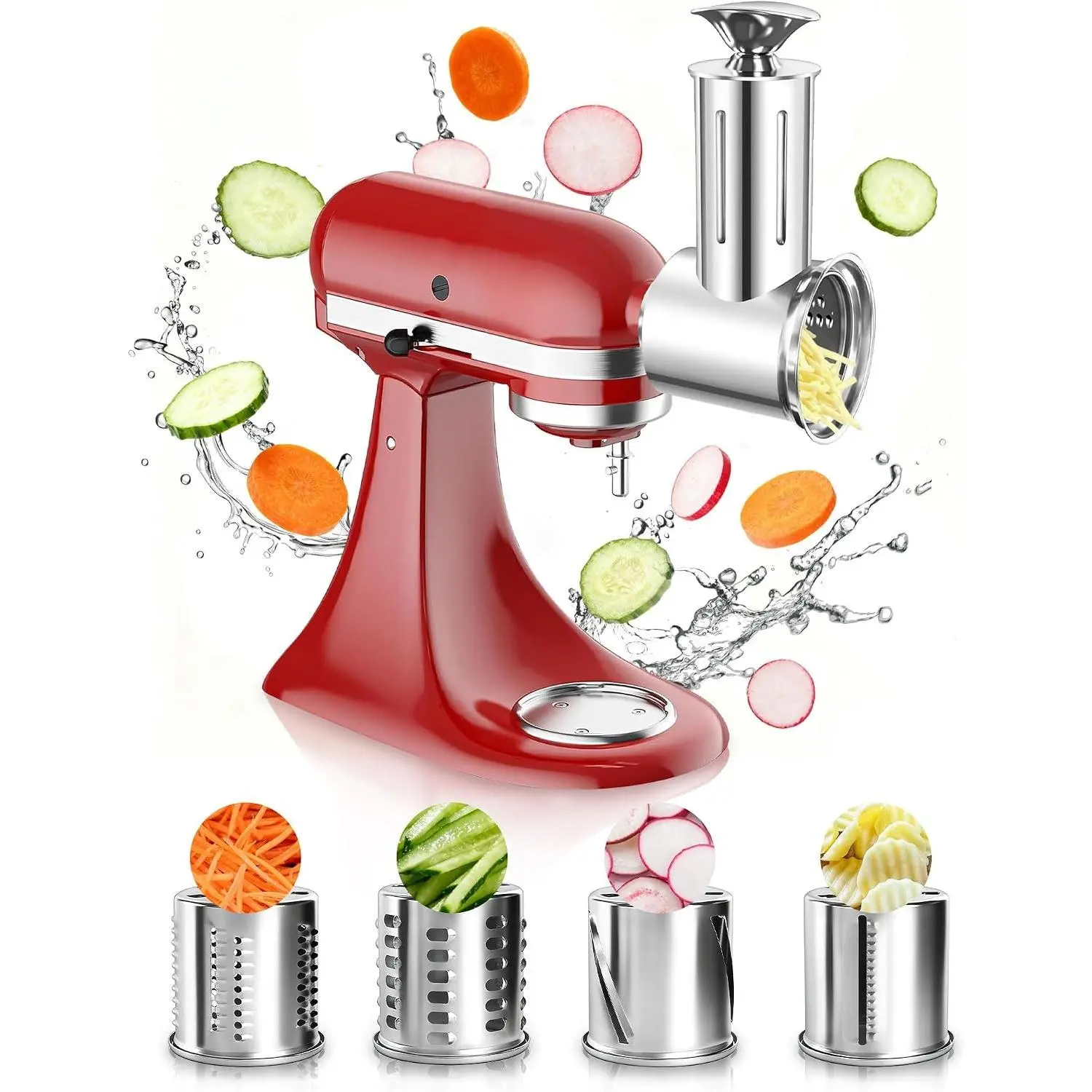 Latest Large Stainless Steel Slicer Shredder Attachment for KitchenAid Stand Mixers,Dishwasher Safe Vegetable Cheese Grater for KitchenAid Mixer Attachments,4 Blades,Time-Saving Salad Maker