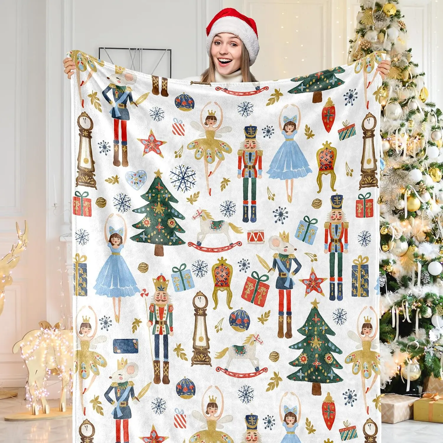Ultra Soft Holiday Theme Christmas Watercolor Nutcracker Fuzzy Throw Blanket - Home Decoration for Sofa, Bedroom, Camping | Textiles & Soft Furnishings Bedding Linens