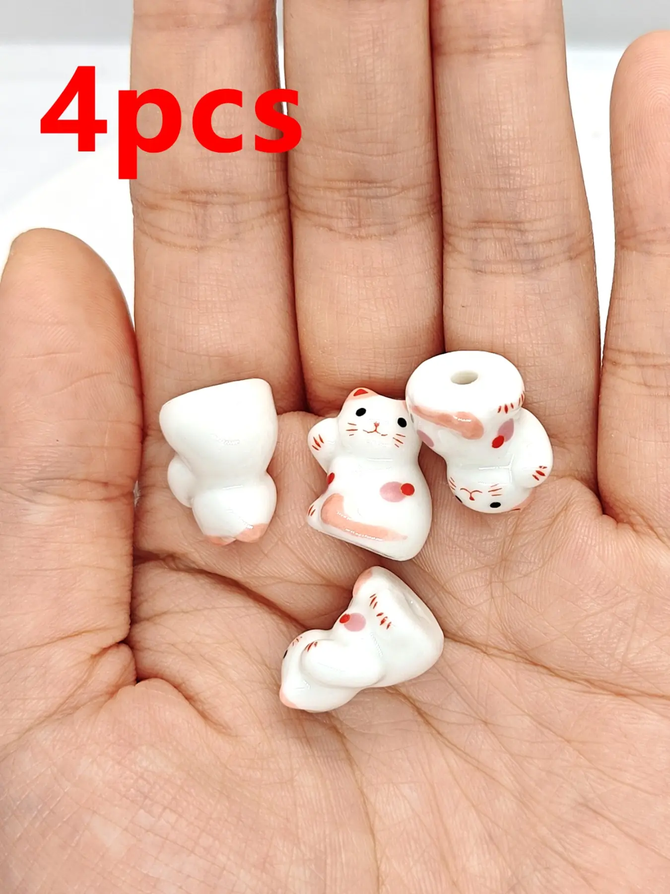 4pcs Pink Lucky Raising Paw Cat Ceramic Beads for DIY Jewelry Making, Cute Animal Pattern, All Seasons, Handmade Craft Supplies, Lucky Style Accessories