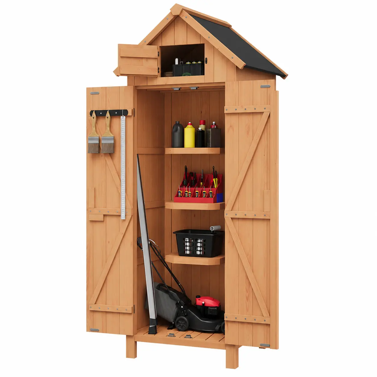 Outdoor Wooden Storage Cabinet, 63/70-Inch Tall Weather-Resistant Garden Shed with Lockable Double Doors, 3 Adjustable Shelves, Upper Compartment & Waterproof Sloped Roof, Space-Saving Storage Organizer for Patio, Backyard, Balcony, Lawn & Garden Tools