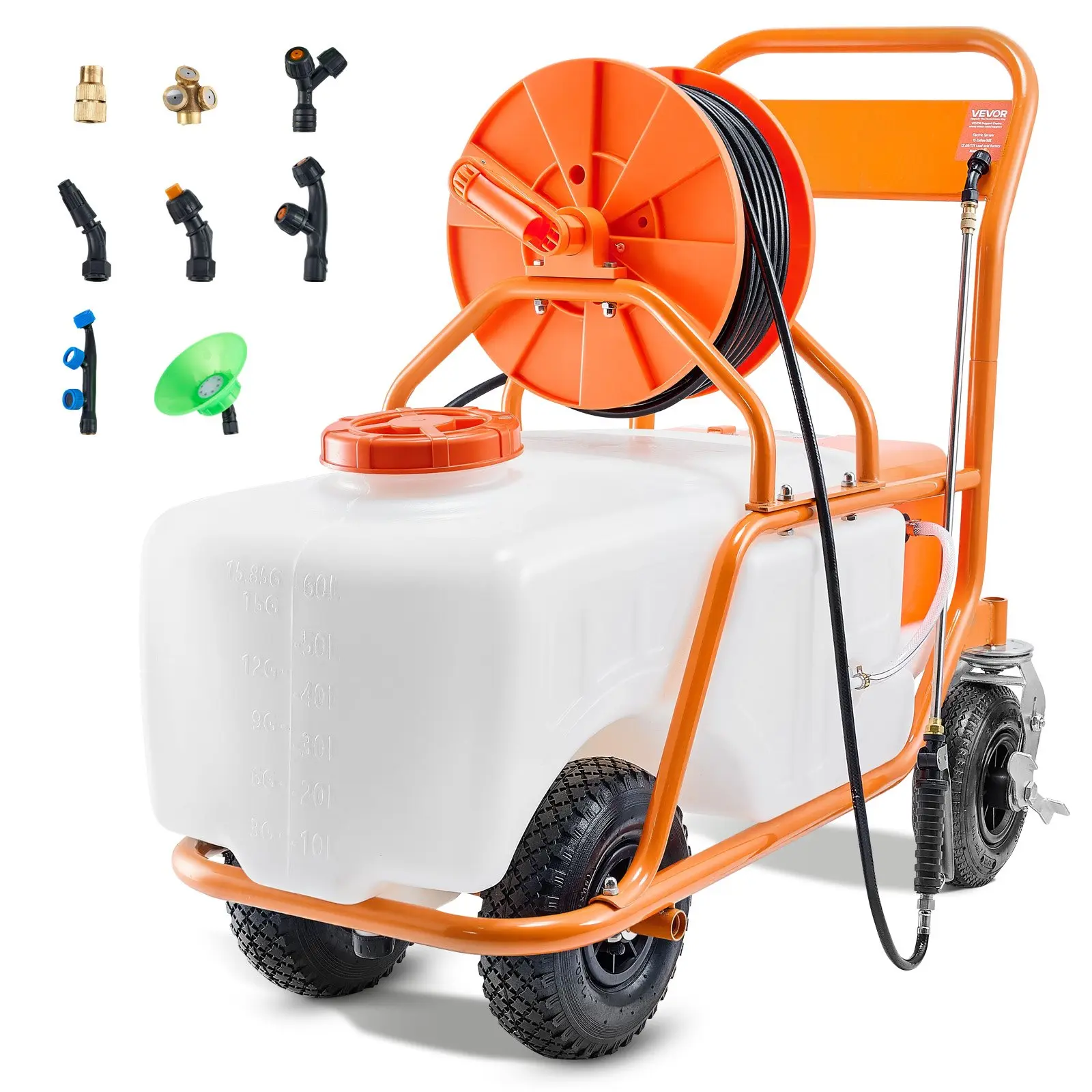 VEVOR Battery Powered Lawn Sprayer on Wheel, 0-90 PSI Adjustable Pressure, 15 Gallon Tank, Cart Sprayer with 8 Nozzles and 2 Wands, 12V 12Ah Battery, Wide Mouth Lid for Weeding, Spraying