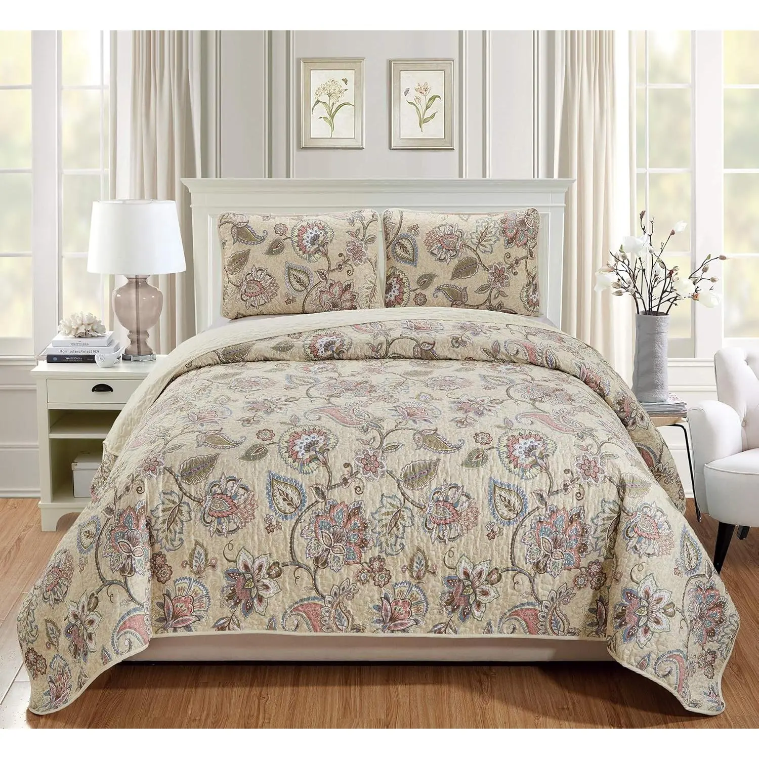 3pc King/California King Oversized Floral Print Bedspread Set, Beige Pink Blue Taupe Green Flowers & Leaves Design, Includes Sham, New, Over Size