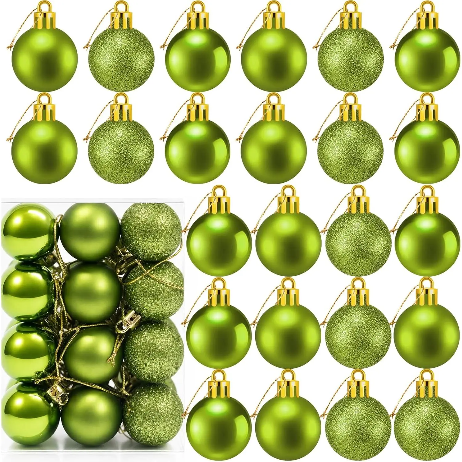 1.2 Inch Modern Ball Shape Mini Lime Green Ornament Set, 24-Count Plastic Shatterproof Xmas Decor Balls for Christmas Tree, Indoor Outdoor Party Decorations