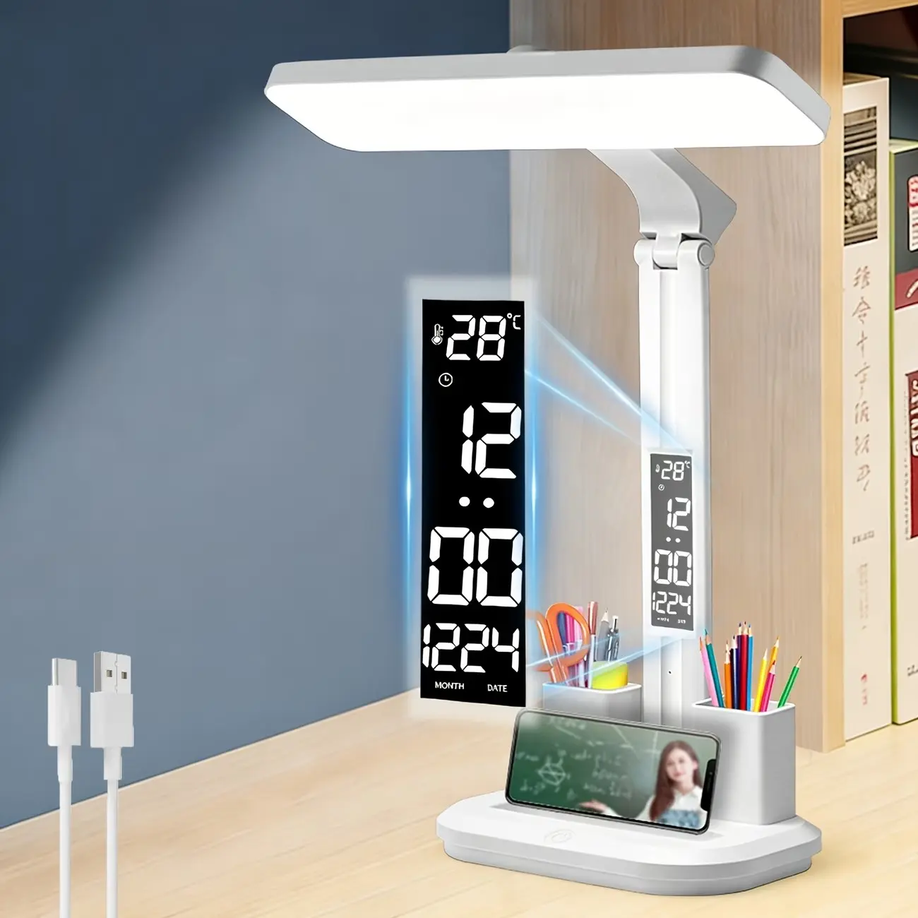 Multifunctional Study Desk Lamp, Dimmable Desk Lamp, Adjustable Touch Table Light with 3-Tone Dimming and Time Display, Pen Holder, Ideal for Studying and Reading
