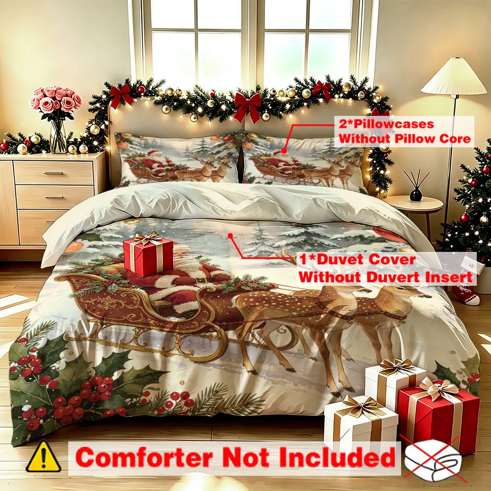 3pcs Christmas sleigh reindeer print bedding set (one bedding cover, two pillowcases) without filling, suitable for single beds, double beds, and can be used in bedrooms, student dormitories, and gaming hotels, and is also a great gift option.