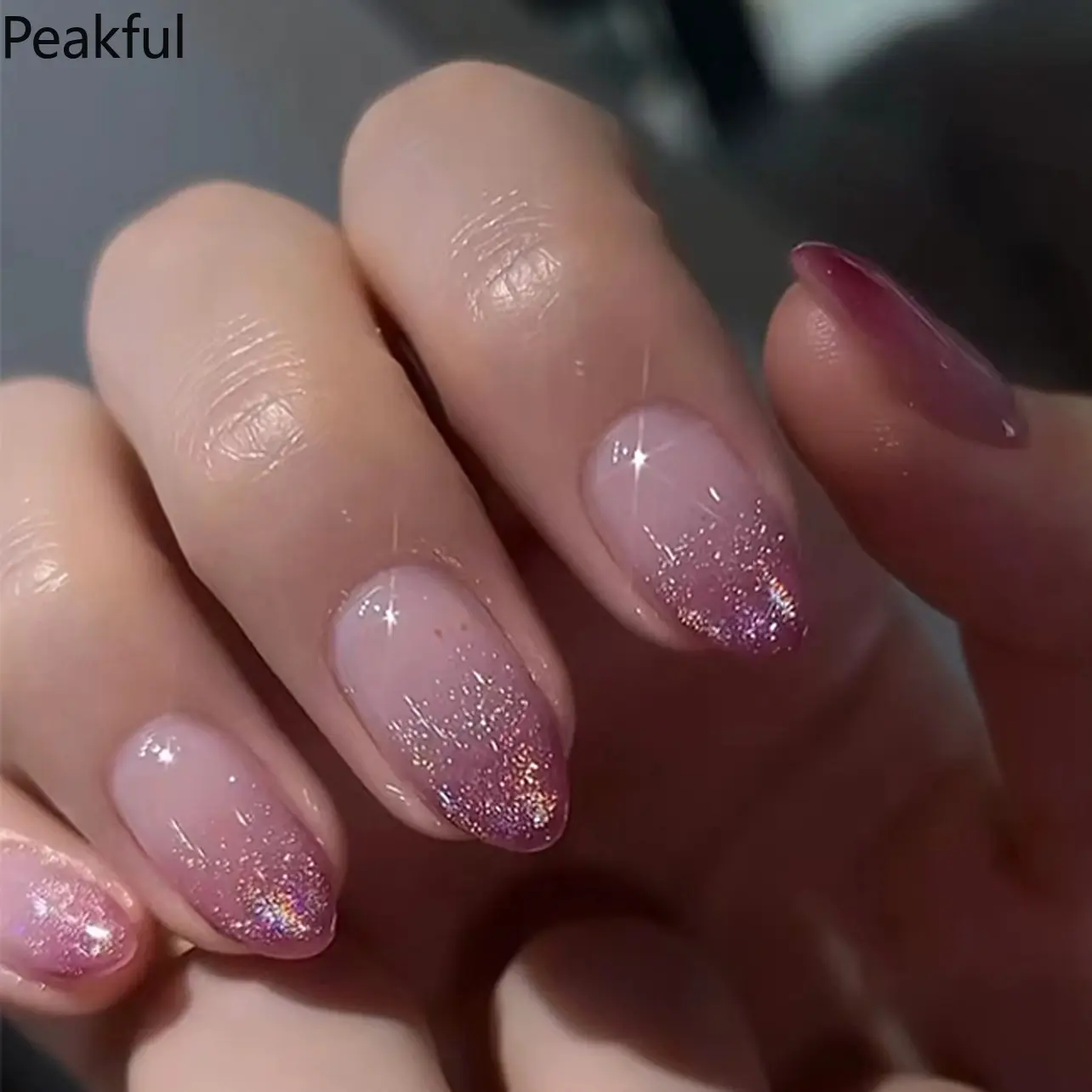 24Pcs Purple French Gradient Bling Press-On Nails, Short Almond Glossy Fake Nails with Shimmer Ombre & Magnetic Effect, Reusable Manicure Set for Women, 2026 New Summer Trend for Daily & Party Glam