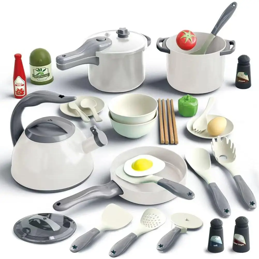32Pcs Kids Plastic Play Kitchen Toys Set - Toddlers Pretend Cooking Accessories with Pots, Pans, Utensils, Cookware, Foods, Canned Veggies - Learning Gift for Kids (White), Plastic Set