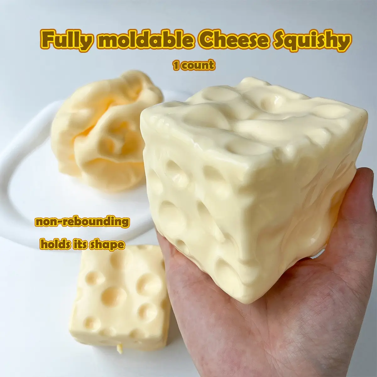 Moldable Non-Rebound Cheese Squishy, Soft Gel Squeeze Stress Ball Filled with Petroleum Jelly, Giant Cheese Block 6&7cm for ASMR Relaxation, Viral Fidget Gift for Anxiety Relief, Stress Relief Squishies