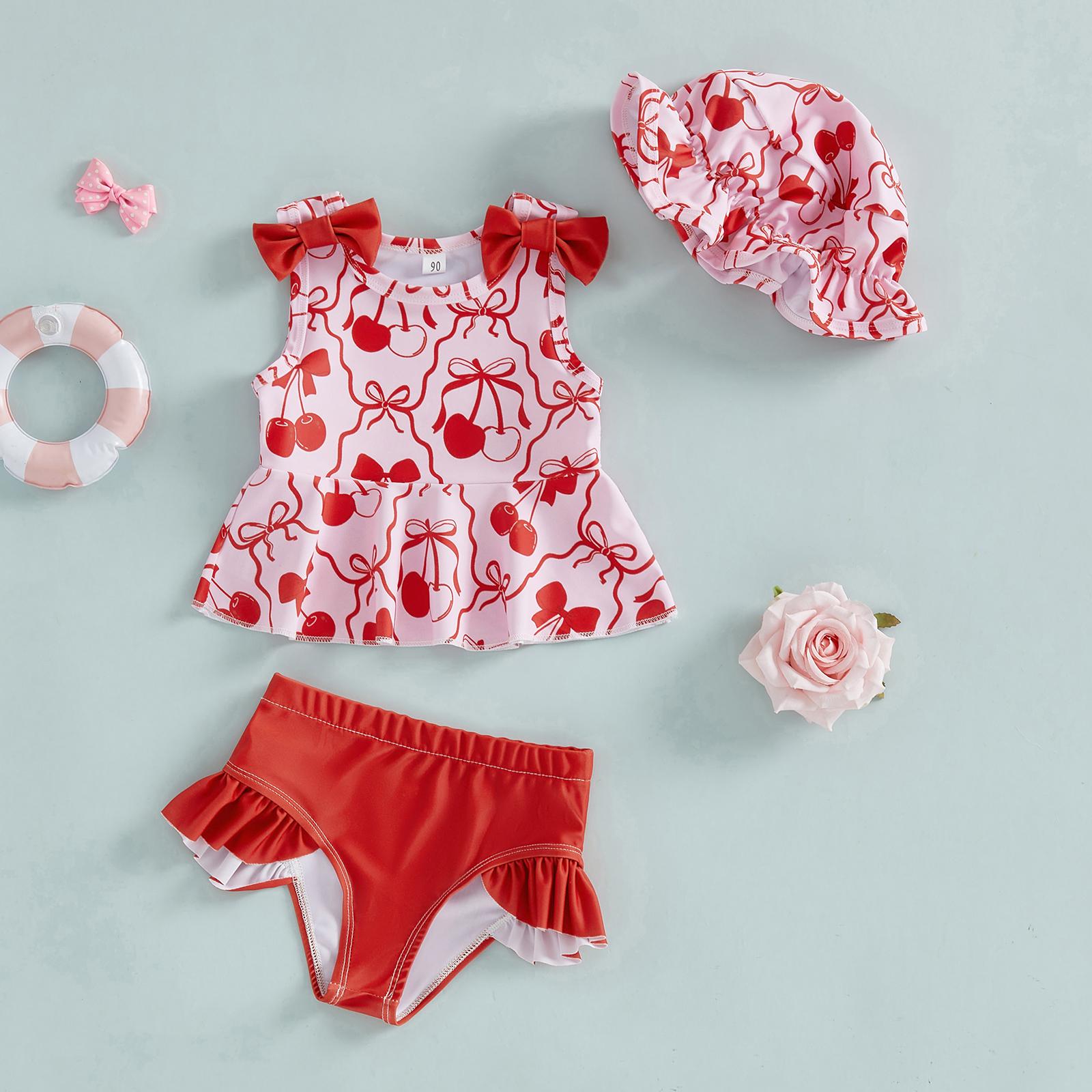 Toddler Baby Girls Swimsuit with Hat Sleeveless Floral Print Bikini Sets Summer Beach 3 Piece Swimwear Bathing Suit