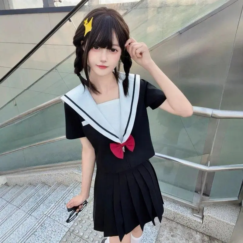 Japanese JK Sailor Uniform Set Black Short Sleeve Top Pleated Skirt with Bow Tie School Cosplay Costume for Women