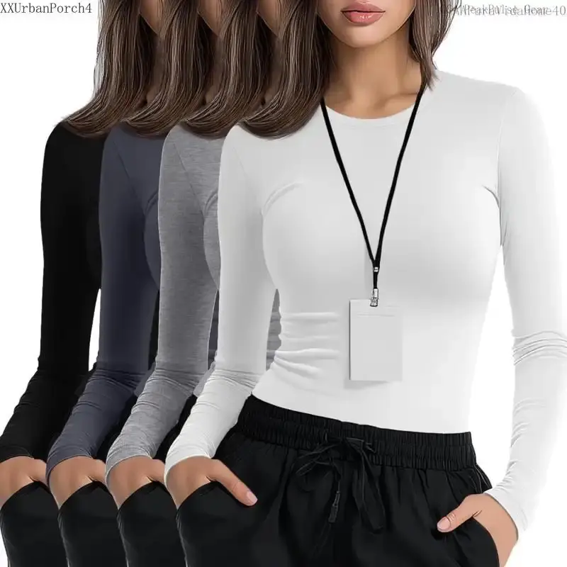 4 Pack Women's Underscrub Shirts Long Sleeve Nurse Cotton Blend Crewneck Slim Fit Tops Soft Stretchy Basic TeeAAPuraVidaHome40XXUrbanPorch4CC41PeakPulse Gear