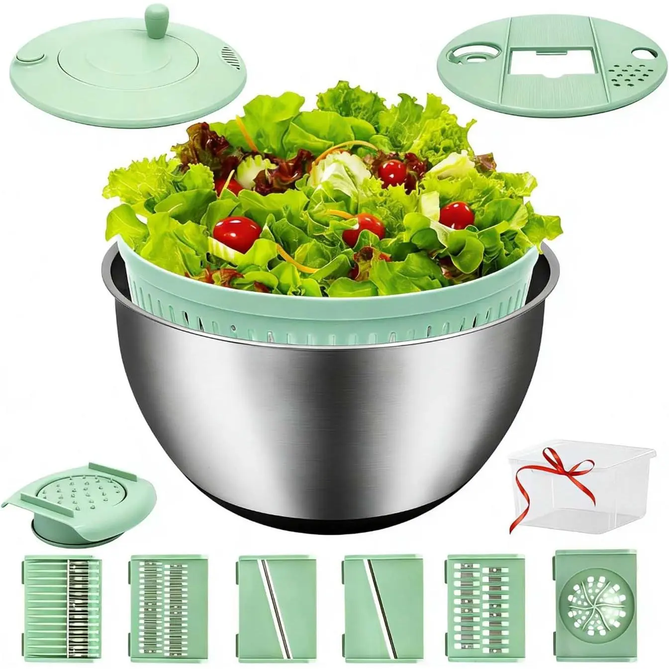 Large 5.3QT Salad Spinner, Stainless Steel Lettuce Spinner, Fruit Vegetable Wash Bowl with 5 Blade Slicer, Egg Yolk Strainer Slicer Shredder, Kitchen Colander for Salad Making and Food Washing