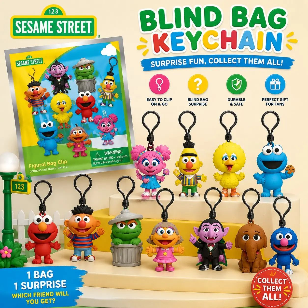 Sesame Street Blind Bag Surprise Keychain, Elmo Cookie Monster 3D Keychain Figure Clip, Cute Backpack Charm, Birthday Gift, Collectible Mystery Item, Blind Bag Keyring