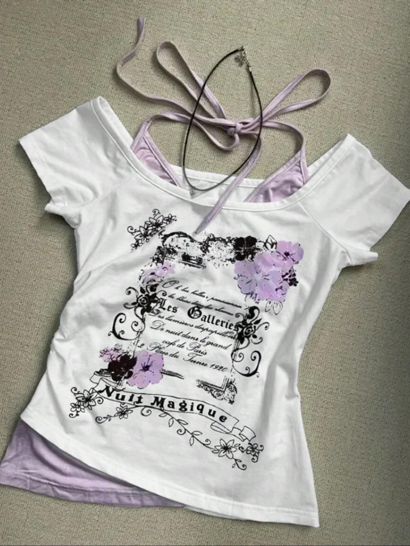 Women's 2 in 1 Floral & Letter Print  Halter Tee, Y2k Casual Top for Summer, Ladies Clothes for Daily Wear