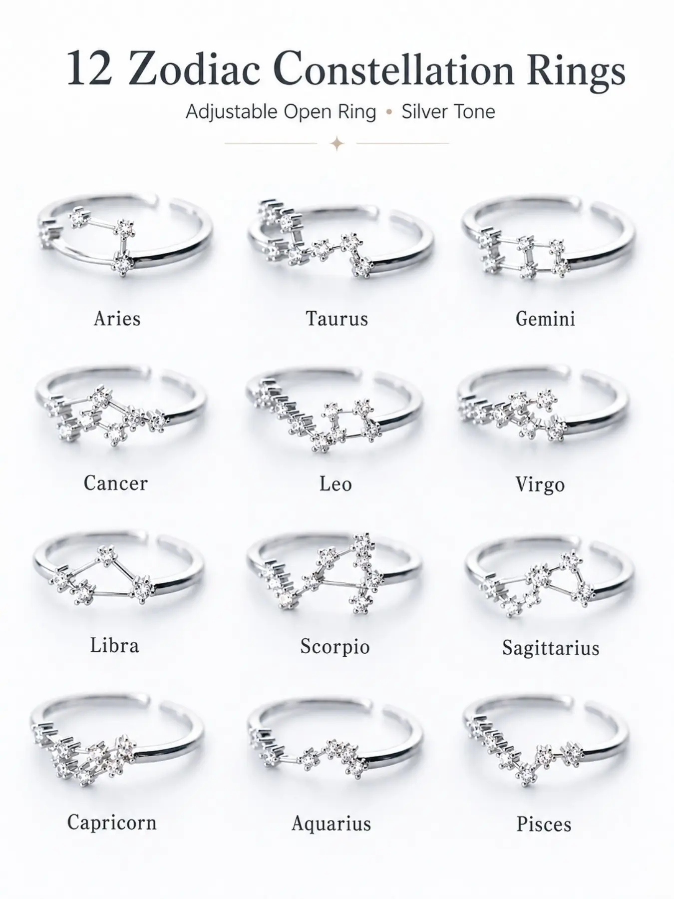 12 Zodiac Constellation Rings Set, Adjustable Open Star Sign Rings, Silver Tone Astrology Jewelry for Women