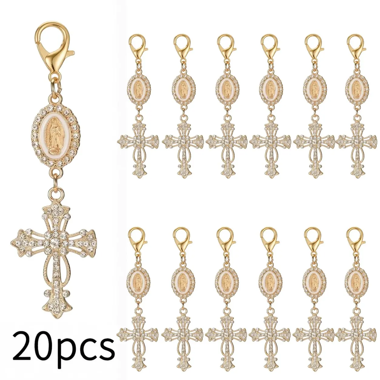 20 Pcs Pearl Rhinestone Cross Keychain Charms, Sparkling Keychain, Religious Cross Bag Charms for Baptism, First Communion, Wedding Favors