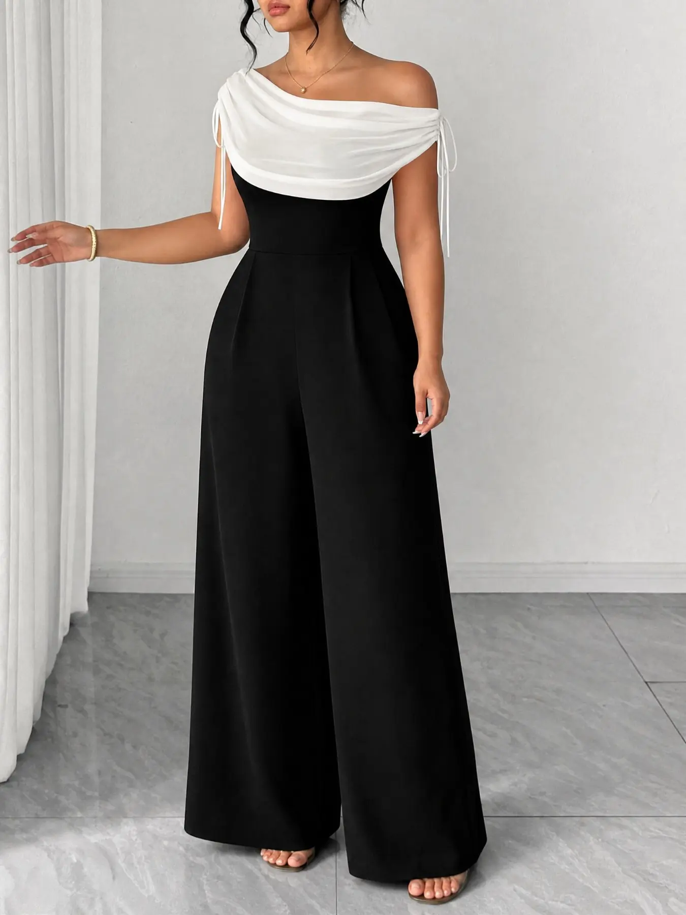 Plus Size Women's Plain Off-Shoulder High Waist Overall Jumpsuit, Cool Casual Fit, Comfortable and Stylish, Elegant, Chic, Ideal for Work, Parties, and Holidays