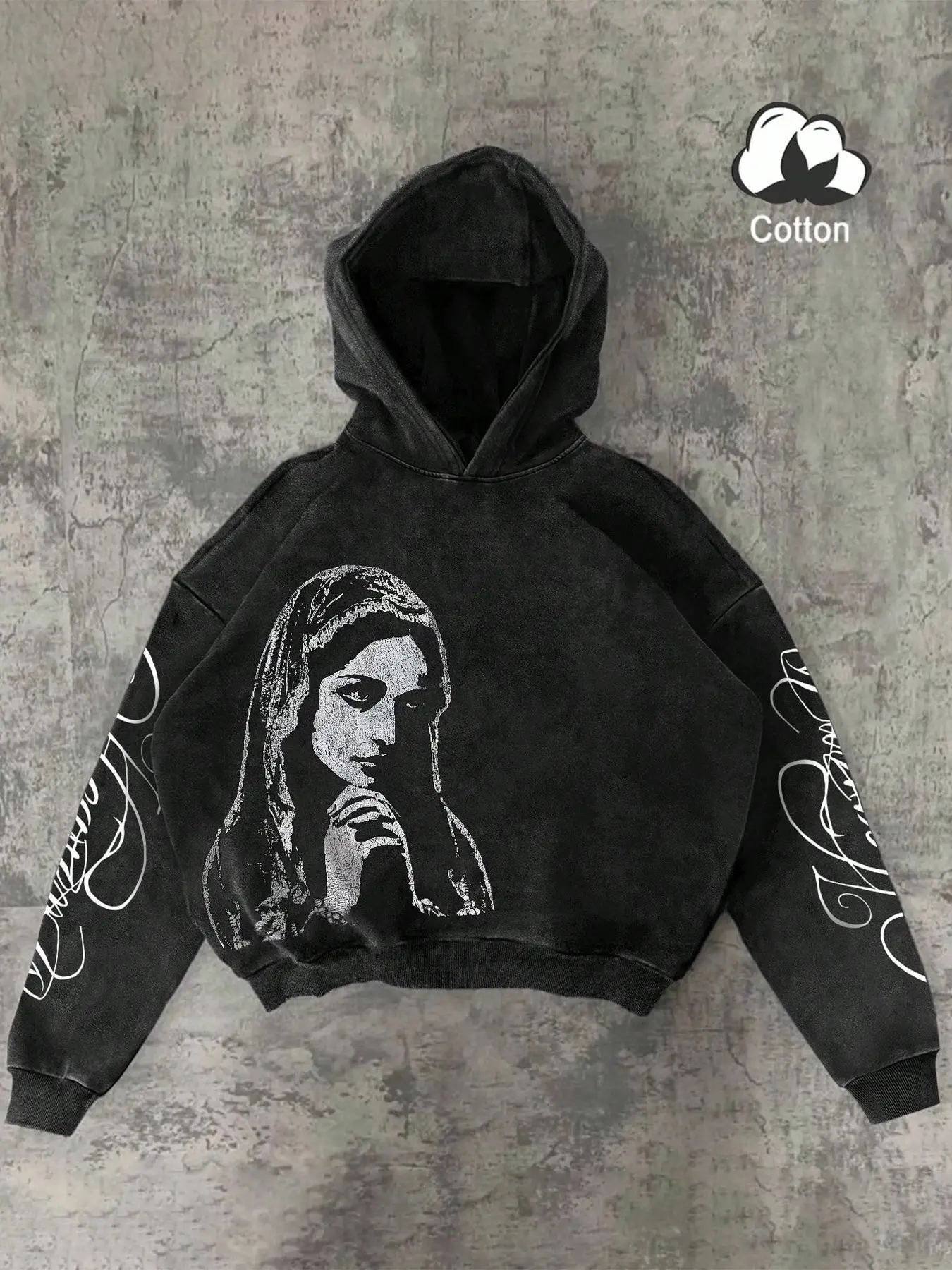 Men's Vintage Washed Virgin Mary Print Hoodie, Loose Top With Gothic Cursive Letter Sleeve Prints, Suitable For Streetwear, Daily Outfits And Hip-Hop Style Looks Gothic Hoodies