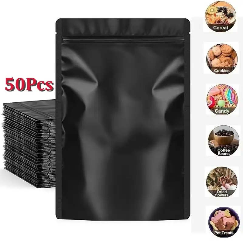 50PCS Resealable Coffee Herb Powder Zipper Pack Bag Smell Proof Flat Pouches Matte Black Small Aluminum Foil Zip Lock Food Packaging Bag