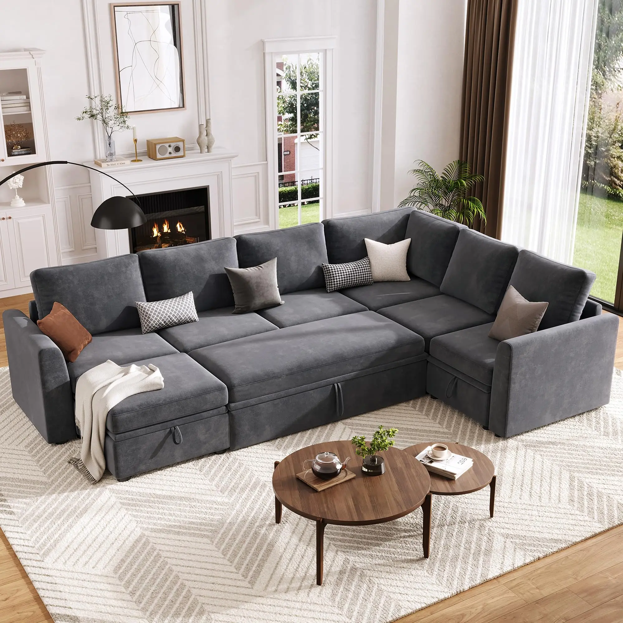 Sectional Sleeper Couch with Pull Out Sofa Bed – Chenille Modular U-Shaped 7-Seat Couch with Storage Seat & 2 Ottomans