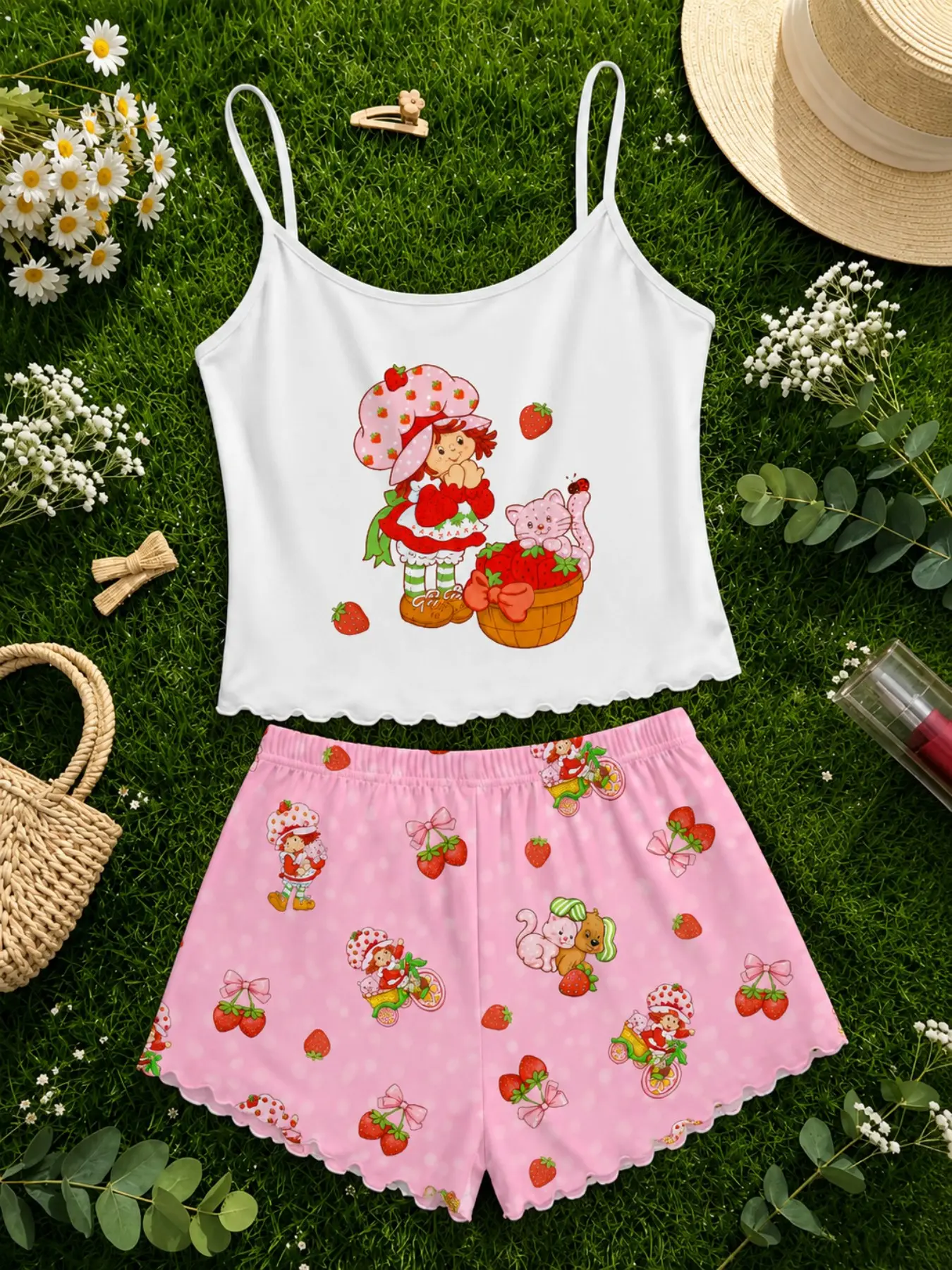 Women's Casual Sleeveless Pajama Set, Cute Strawberry Girl Print, Comfortable Home Wear, Ideal for Daily Use and Relaxing Nights