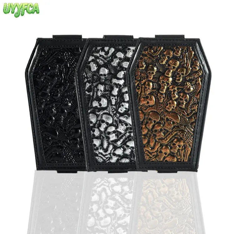 Embossed Skull Coffin Shaped Card Holder, Gothic Punk PU Leather Slim Wallet with Multi Card Slots and Clear ID Window, Flip Snap Button Credit Card Case, Unique Dark Style Pocket Accessory for Streetwear Concert Halloween Daily Carry,Vacation outfits tik